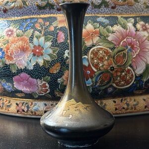 Vintage Chokin Style Etched Brass & Enamel Bud Vase - Black - Mount Fuji Scene